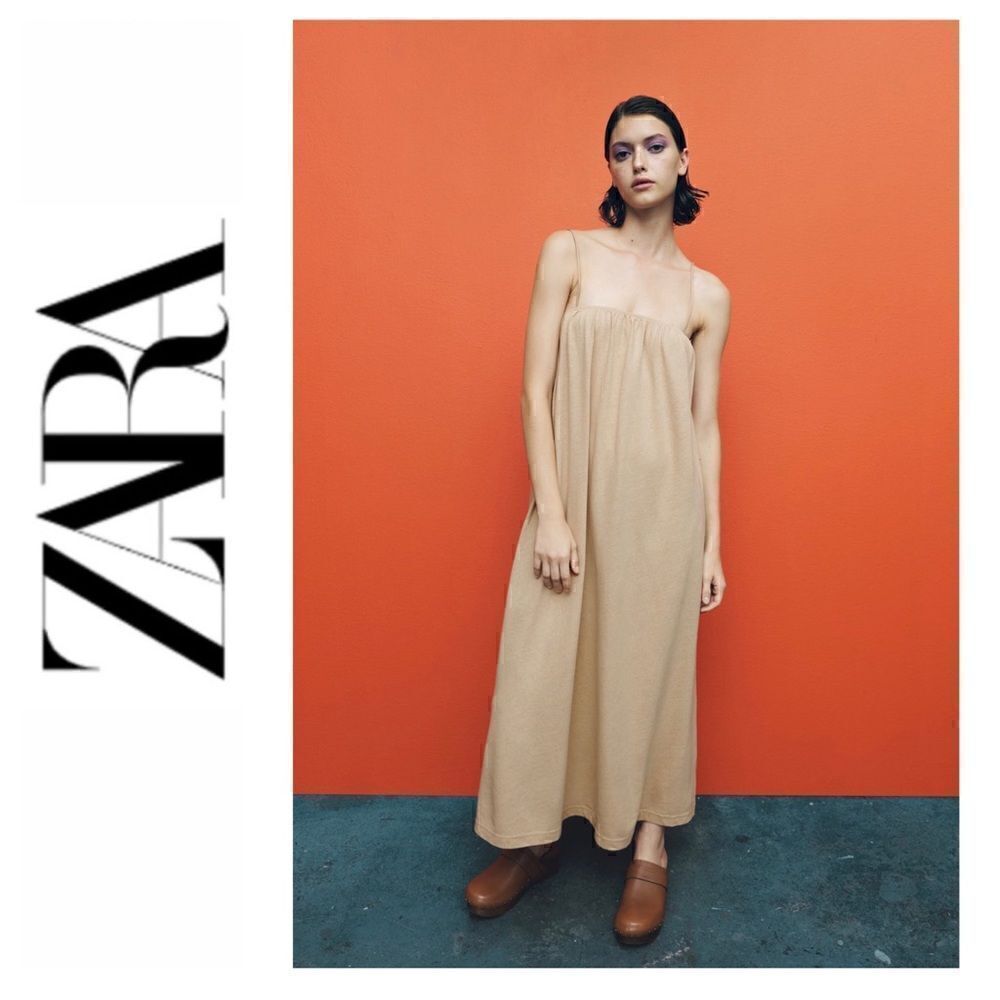 NWOT Zara Linen Blend Square Neck Thin Spaghetti Straps Long Dress, Size Medium